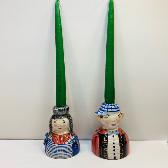 Vtg Italian Ceramic Candleholders Boy And Girl Hand Painted Braids Bows Cap EUC - Picture 9 of 9